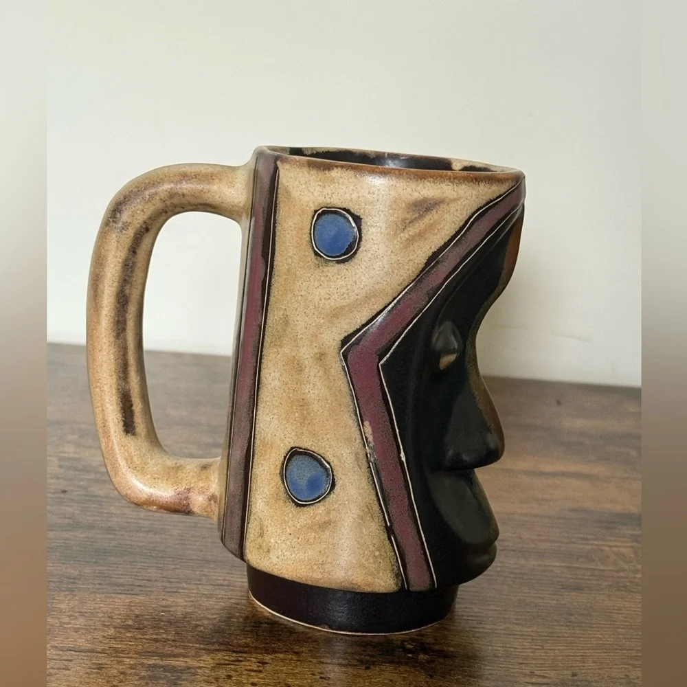 Mara Stoneware Sculpted Stein Mug  Dark Mask Design Handmade in Mexico